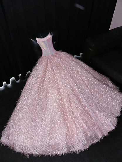 Exquisite Pink Beaded Feather Ball Gown Tulle Prom Dress Party Dress