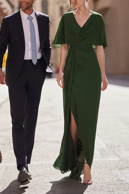 Elegant A-Line V-Neck Short Sleeveless Back Zip Side Slit Mother Of The Bride Dresses