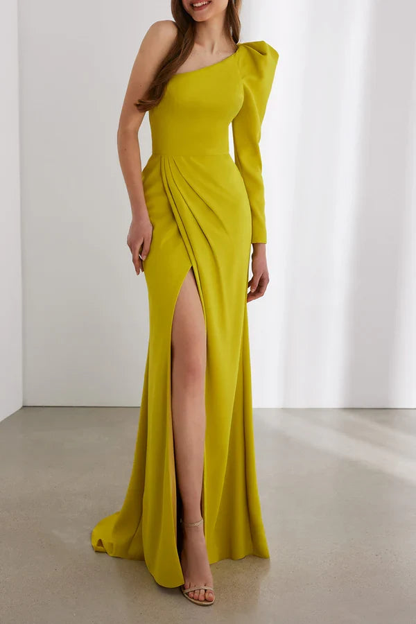 One shoulder long sleeved pleated side slits for a snug fit mother of the bride dress
