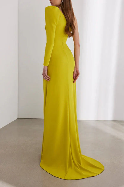One shoulder long sleeved pleated side slits for a snug fit mother of the bride dress
