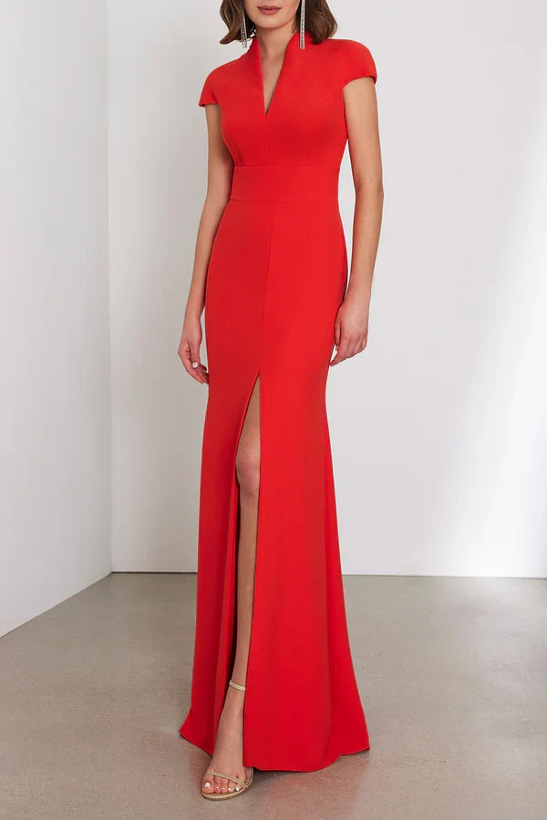Sexy fit V-neck cap sleeve slit mother of the bride dress