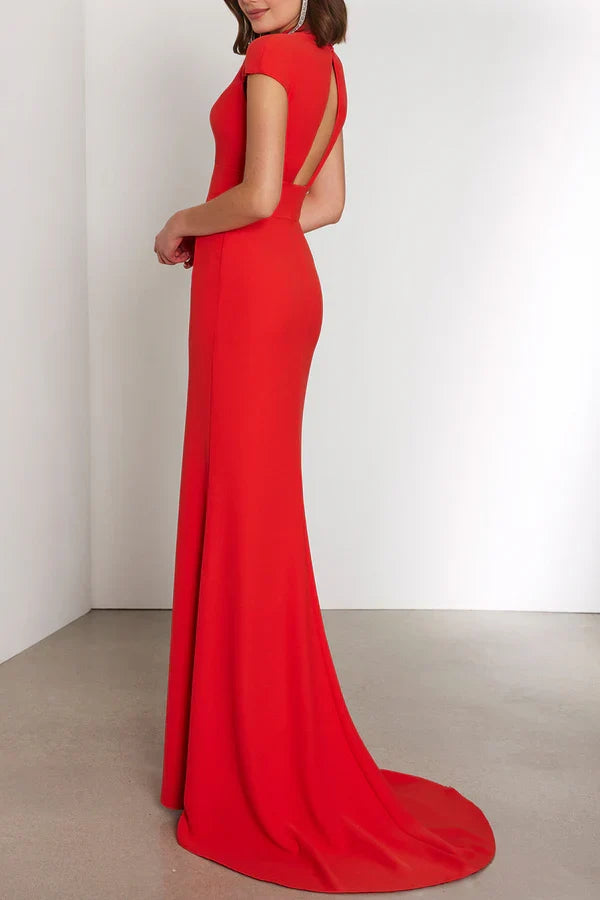 Sexy fit V-neck cap sleeve slit mother of the bride dress