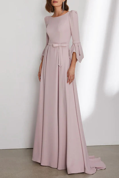 Chiffon A-line spoon 3/4 sleeve waistband with trailing mother of the bride dress