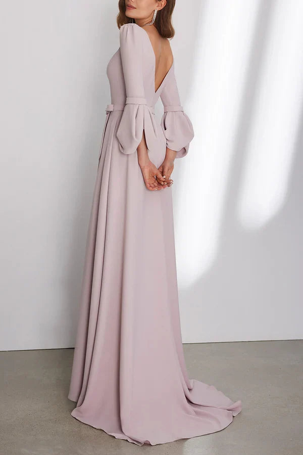 Chiffon A-line spoon 3/4 sleeve waistband with trailing mother of the bride dress