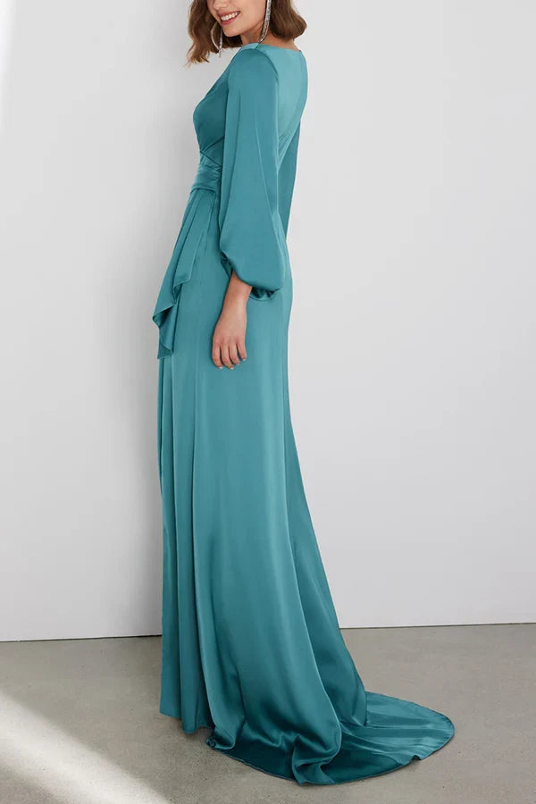 Fashion A-Line V-Neck Long Sleeved Back Zip Floor-Length Side Slit Mother Of The Bride Dress