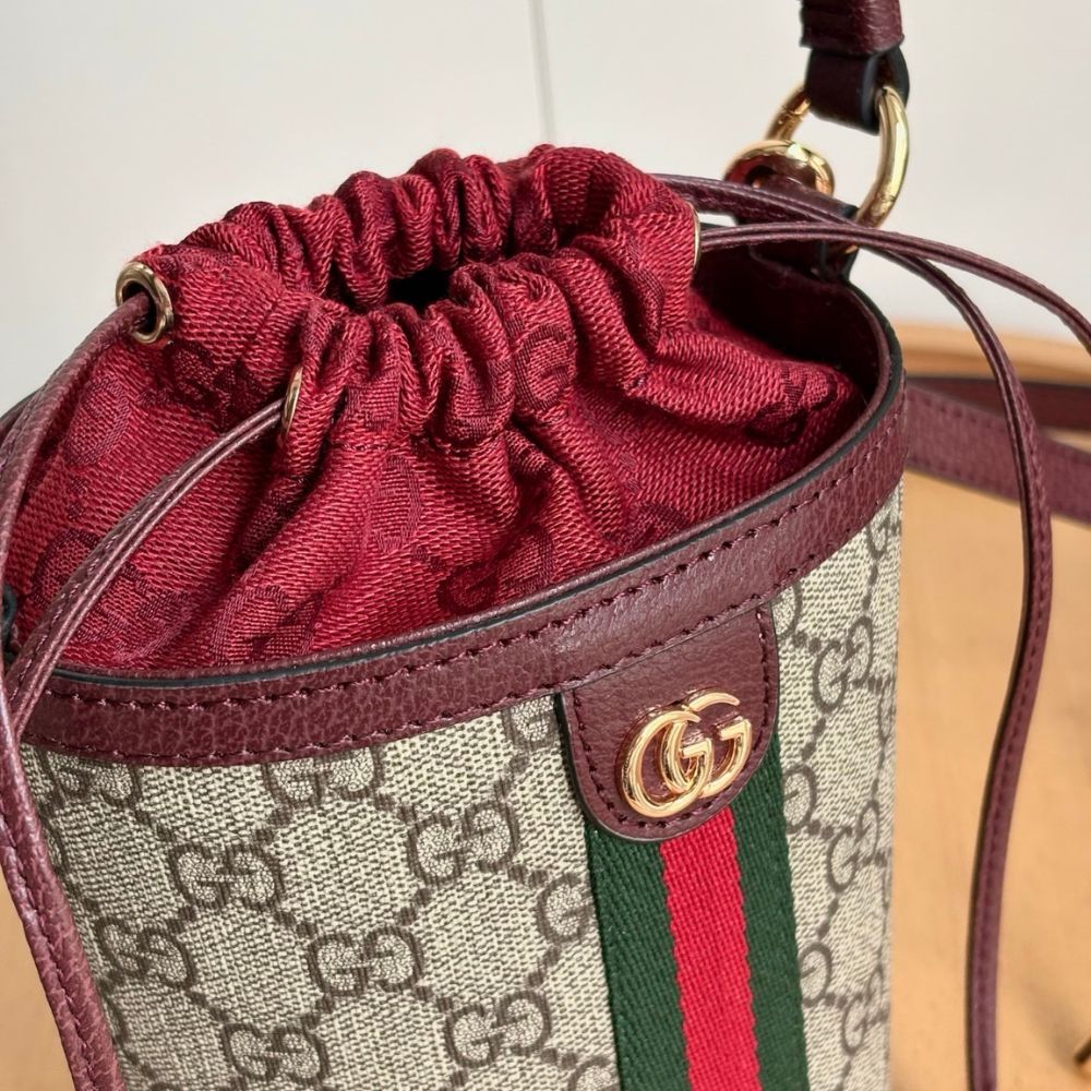 Gucci Ophidia Mini Bucket Bag Beige And Dark Red 20Cm