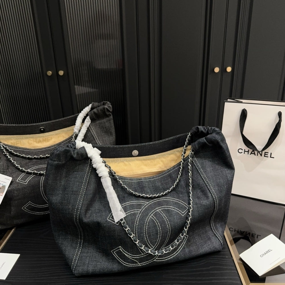 Chanel Large Tote Bag Black Denim Chain Strap 36Cm