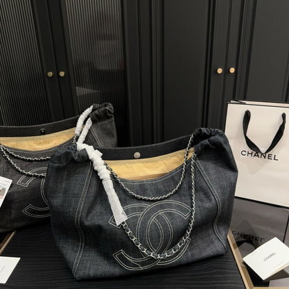 Chanel Large Tote Bag Black Denim Chain Strap 36Cm
