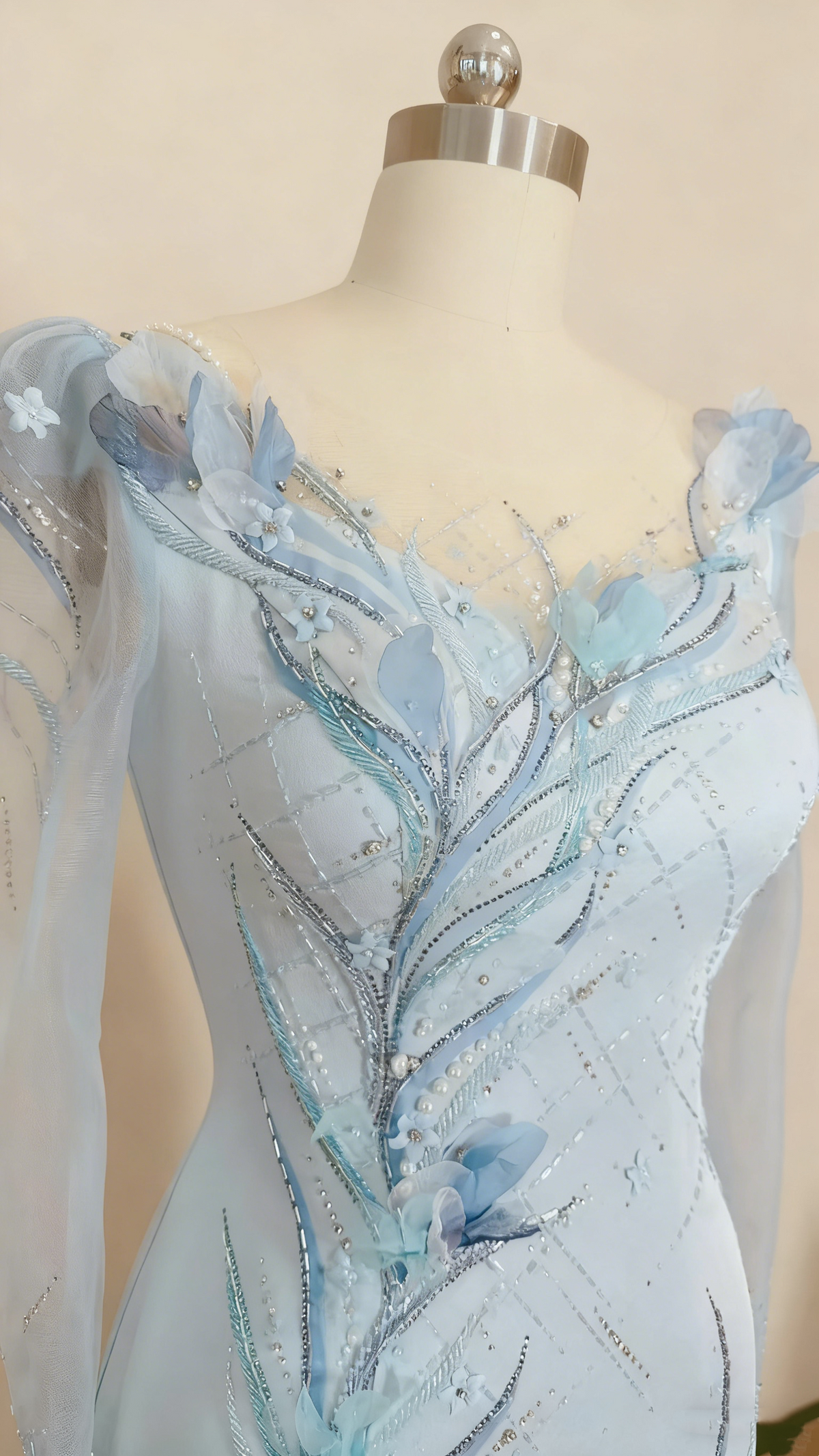 Formal Dress Light Blue Satin Sheer Long-Sleeve Beaded Floral Floor-Length Gown  gh6389
