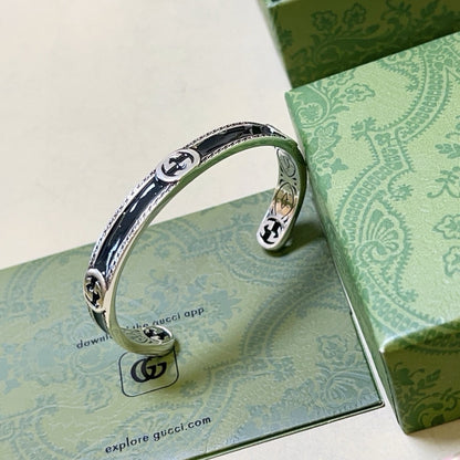 GUCCI CUFF BRACELET INTERLOCKING GG STERLING SILVER BLACK ENAMEL