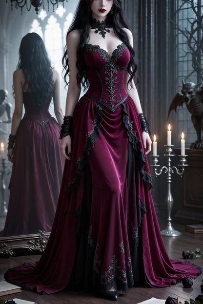 girlhomeshops-Purple Velvet Long Floor-Length Prom Dress With Train gh5942