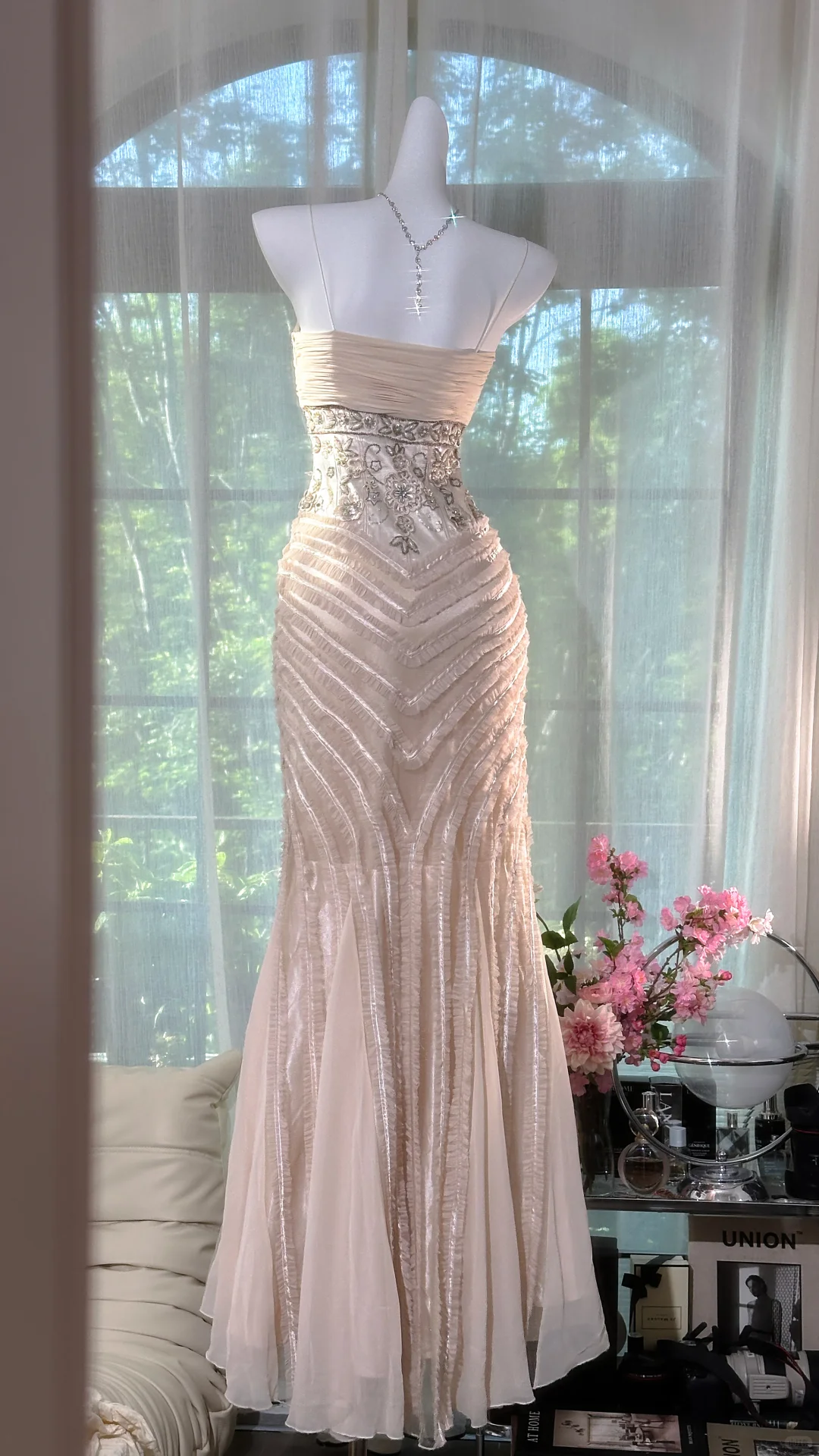 Gorgeous Pink Embroidery Spaghetti Strap Mermaid Chiffon Prom Dress Evening Dress TP4311