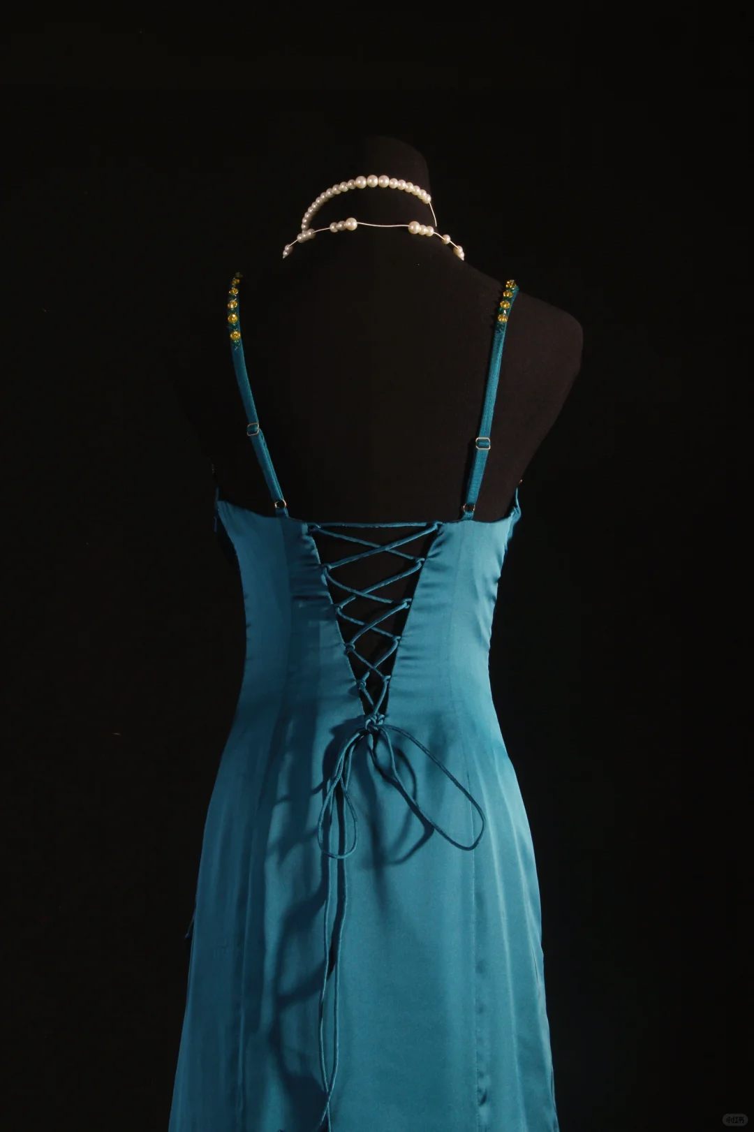 Elegant Teal Satin Spaghetti Strap Beaded Sheath Evening Gown TP5413