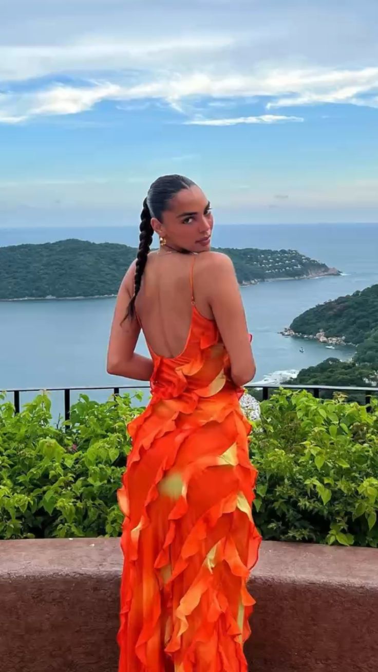 Orange Fashion Elegant Spaghetti Strap Long Ruffle Chiffon Ball Gown Evening Dress Party Dress Wedding Guest Dress gh3318