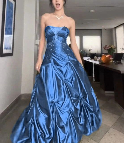 Retro Ball Gown Strapless Green Ruffles Satin Long Party Dress Prom Dresses