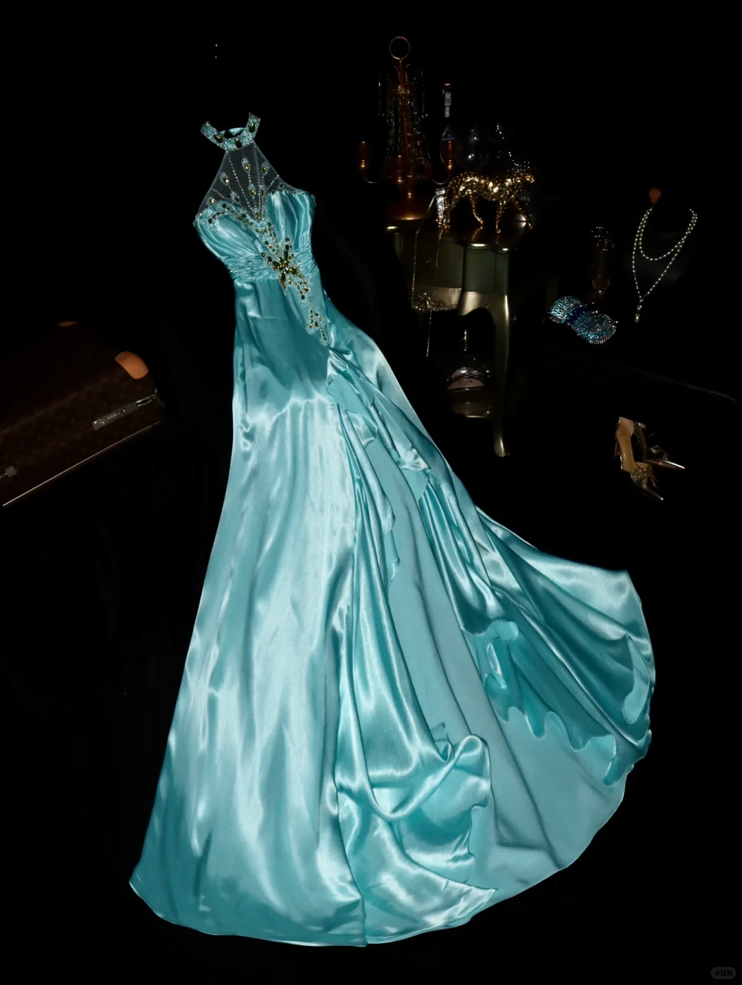 Elegant Turquoise Satin Halter Neck Rhinestone Beaded Evening Gown TP5368
