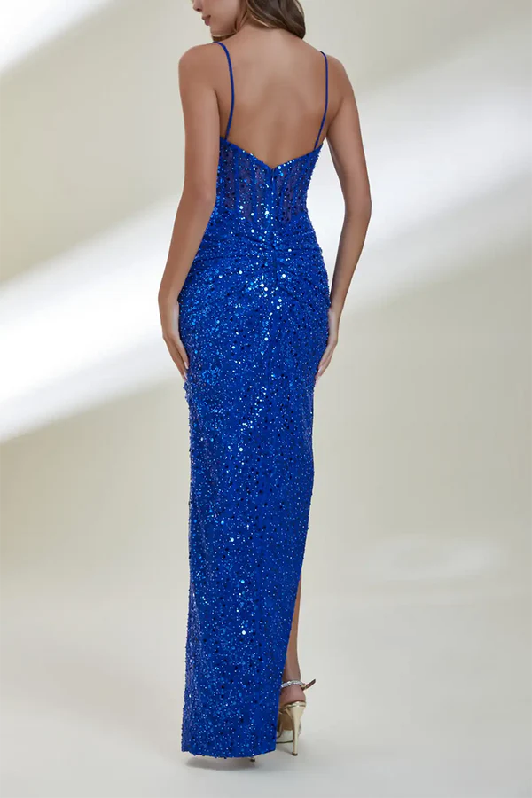 Sweetheart thin shoulder strap with sequins pleated side slits evening dresses