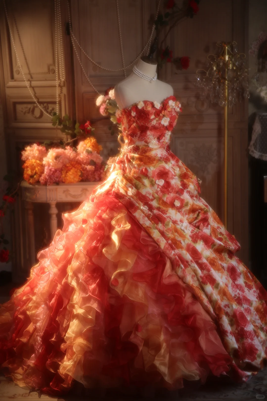 Vintage Floral Strapless Ruffled Formal Sweet 15 Quinceanera Ball Gown TP5528