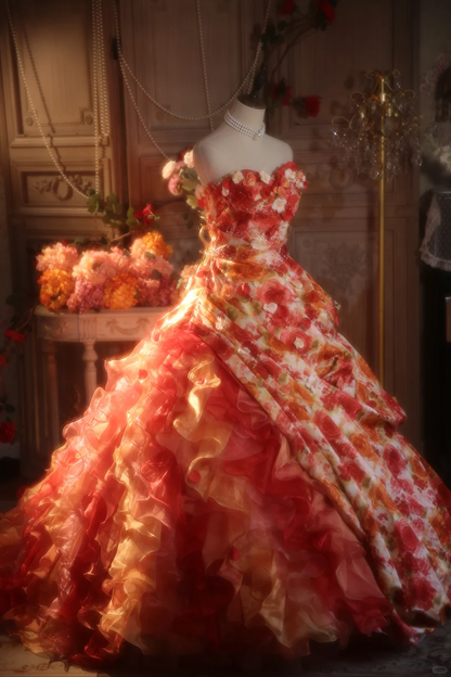 Vintage Floral Strapless Ruffled Formal Sweet 15 Quinceanera Ball Gown TP5528