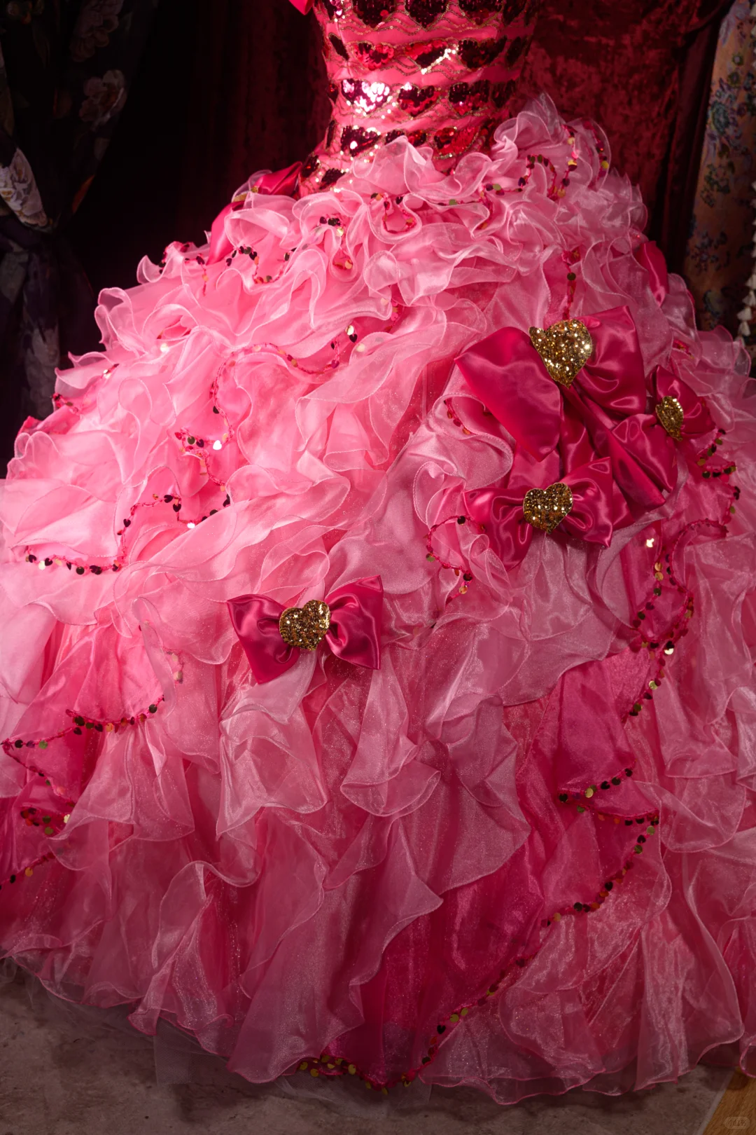 Vintage Hot Pink Sequin Strapless Ball Gown Ruffled Layers Bow Embellishments Quinceañera Formal Dress TP5114