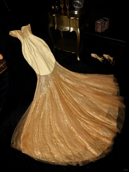 Vintage Champagne Gold Mermaid Sweetheart Polka Dot Bodice Glitter Lace Tulle Evening Gown TP5353