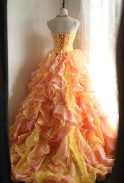Vintage Ombre Yellow-Pink Ruffled Organza Strapless Beaded Quinceanera Sweet 15 Ball Gown TP5864