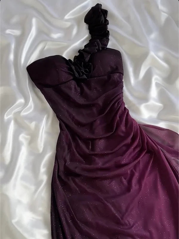 girlhomeshops-Gradient Purple Glitter One-Shoulder Ruched Ruffle Evening Gown gh6006