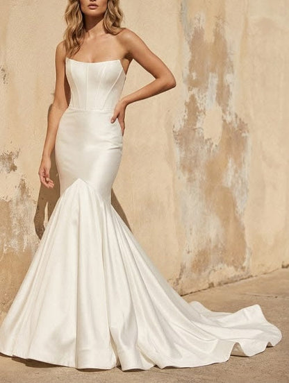 Elegant Strapless Corset Satin Mermaid Long Train Wedding Dress TP5930