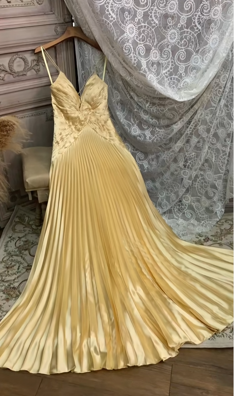 Vintage Gold Satin Pleated Spaghetti Strap Deep V-Neck Evening Gown TP5416