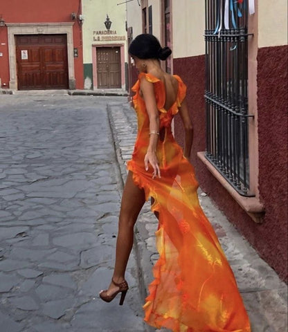 Orange Fashion Gradient Spaghetti Strap Long Ruffle Elegant Chiffon Ball Gown prom dress Evening Dress Holiday Party Dress gh3319