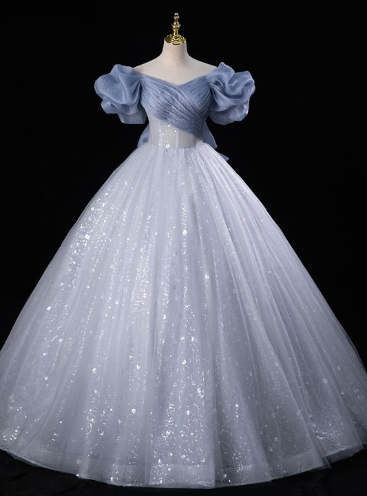 Fairy Blue Tulle Sequins Off the Shoulder Quinceanera Dress Cute Ball Gown With Bow  cc1700