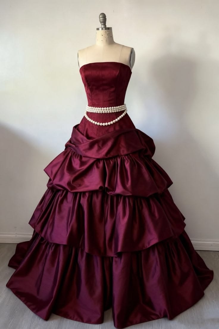 Gorgeous Burgundy Strapless Tiered Satin Pearl Belt Quinceanera Ball Gown TP5855