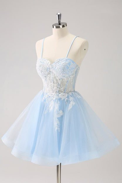 New Fashion Light Blue Flower Embroidery Design A-line Spaghetti Strap Homecoming Dress TP3416