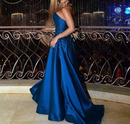 Vintage Royal Blue Strapless Satin A-Line Beaded Evening Gown TP5898