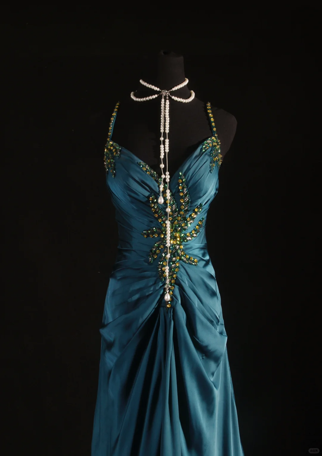 Elegant Teal Satin Spaghetti Strap Beaded Sheath Evening Gown TP5413