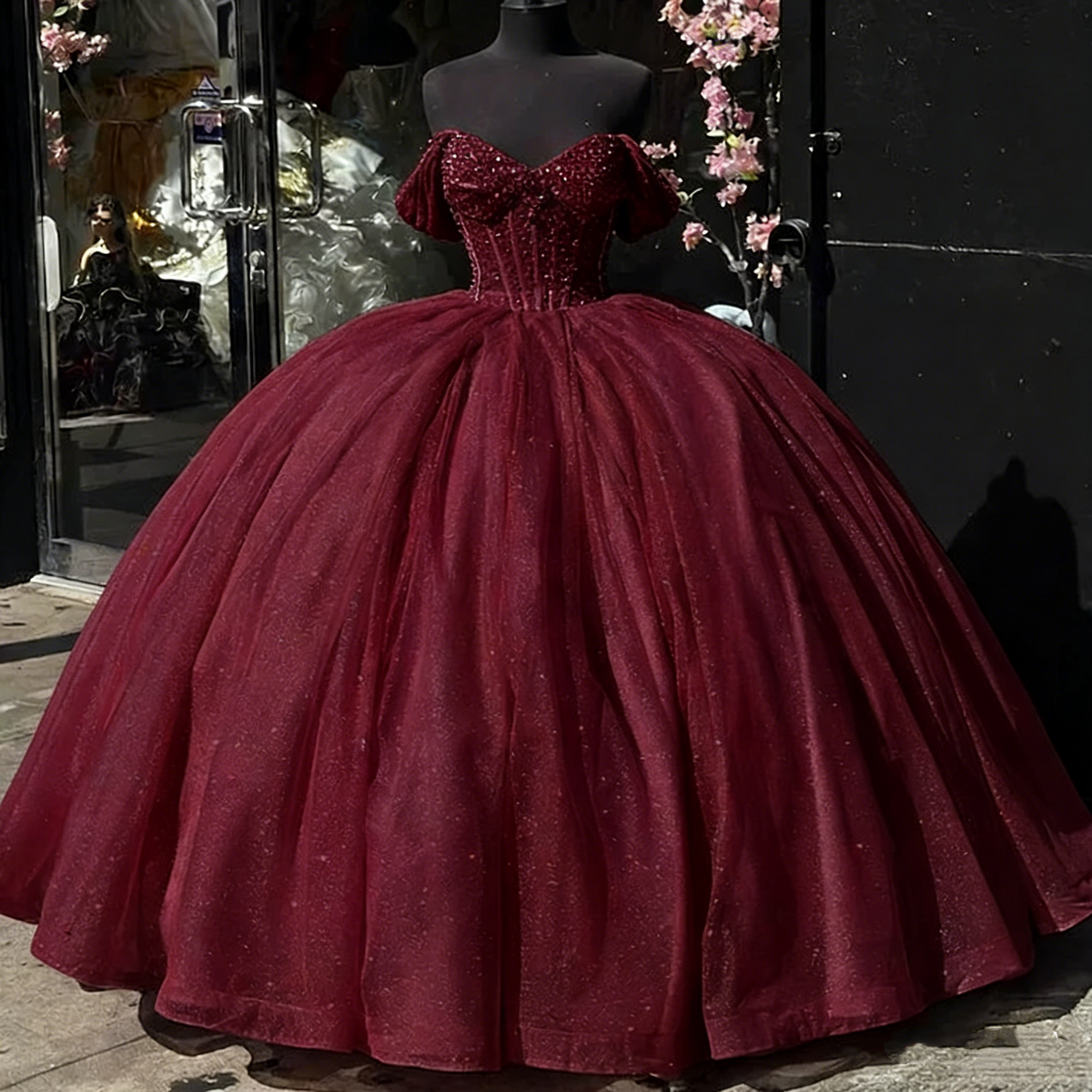 Beautiful Pink Sweetheart Sequin Off-the-shoulder Sweet 16 Quinceanera A-Line Tulle Floor-length Prom Dress Birthday Dress Evening Dress Ball Gown TP4546