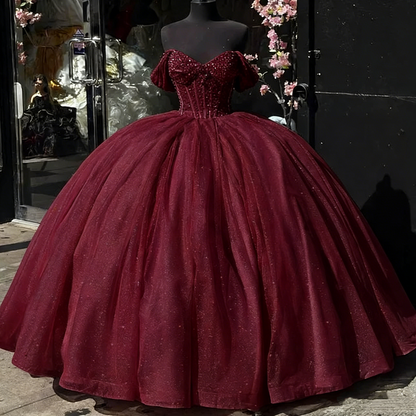 Beautiful Pink Sweetheart Sequin Off-the-shoulder Sweet 16 Quinceanera A-Line Tulle Floor-length Prom Dress Birthday Dress Evening Dress Ball Gown TP4546