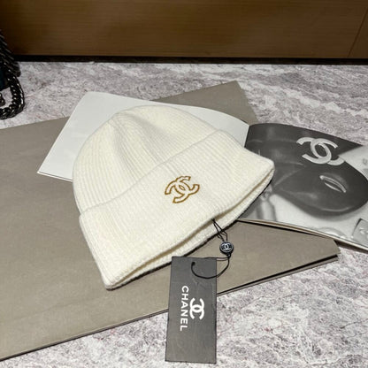 Chanel Gold CC Wool Beanie White