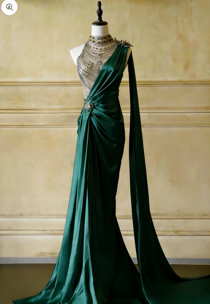 Vintage Champagne One-Shoulder Mermaid Satin Beaded Evening Gown TP5524