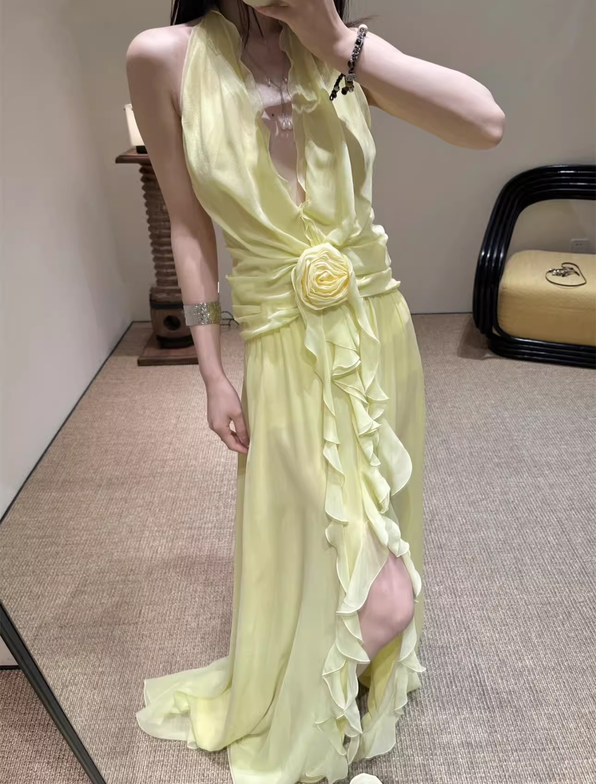 Ethereal Chiffon Halter Neck Evening Gown Floral Prom Dress TP5707