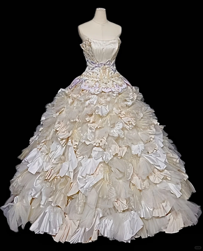 Glamorous Champagne Strapless Ruffled Beaded Floral Sweet 15 Quinceanera Ball Gown TP5493