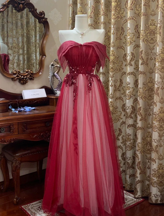 Pretty Red Off The Shoulder Tulle Beaded A Line Long Birthday Prom Dress Evening Dress SP1608