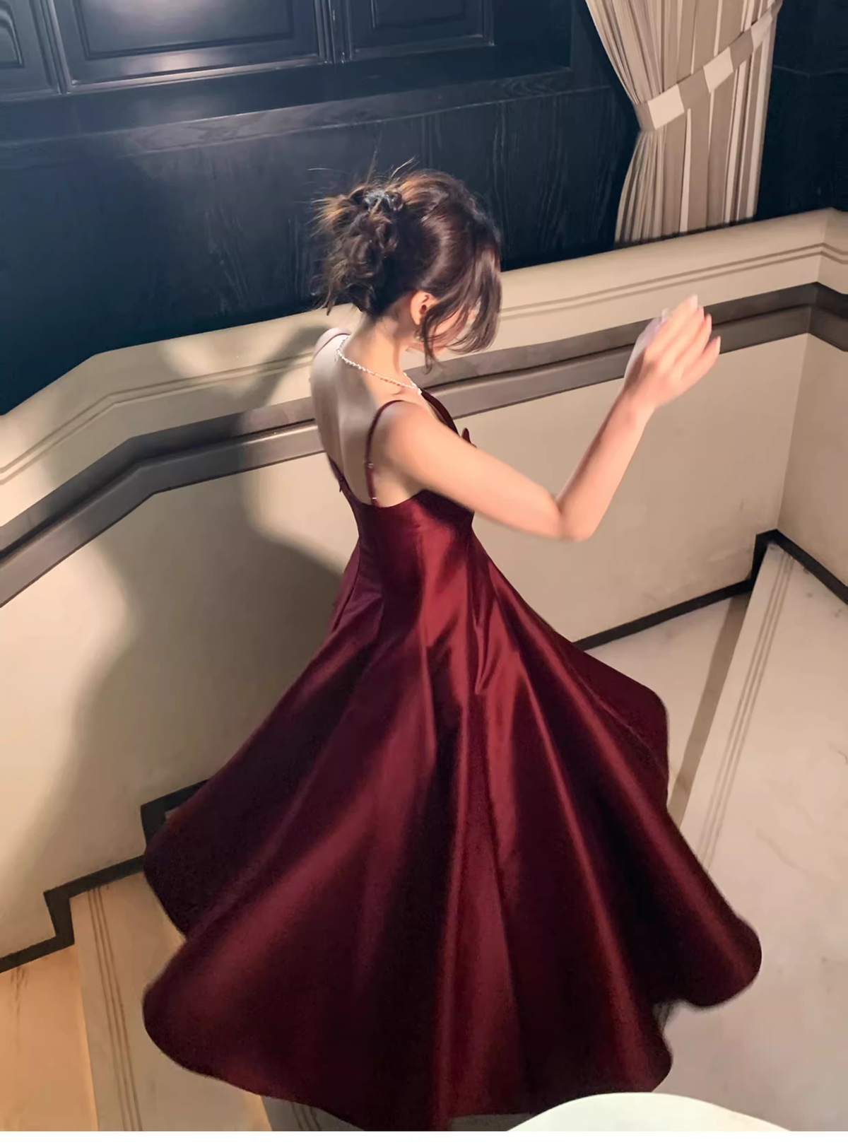 Elegant Burgundy Spaghetti Straps Satin A Line Long Party Dress Formal Wedding Guest Dress SP1493