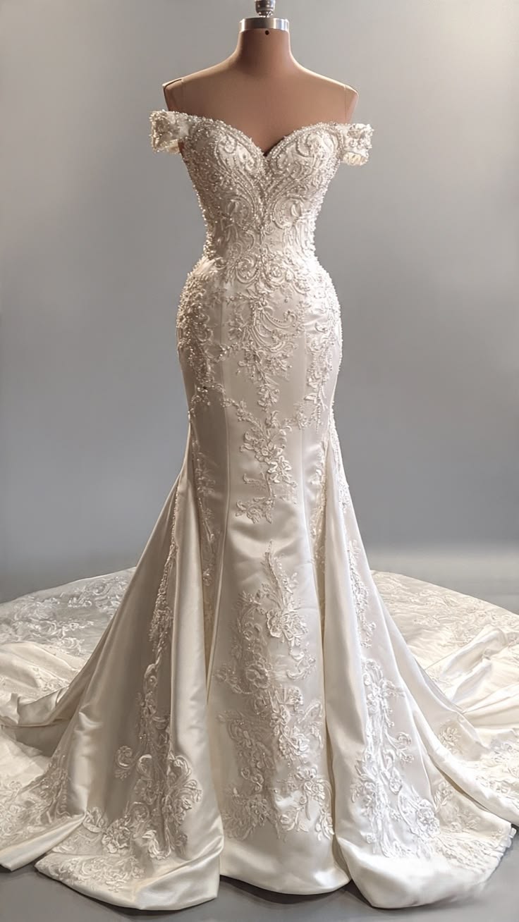 Classic Ivory Off-the-Shoulder Beaded Satin Applique Mermaid Wedding Dress TP5919