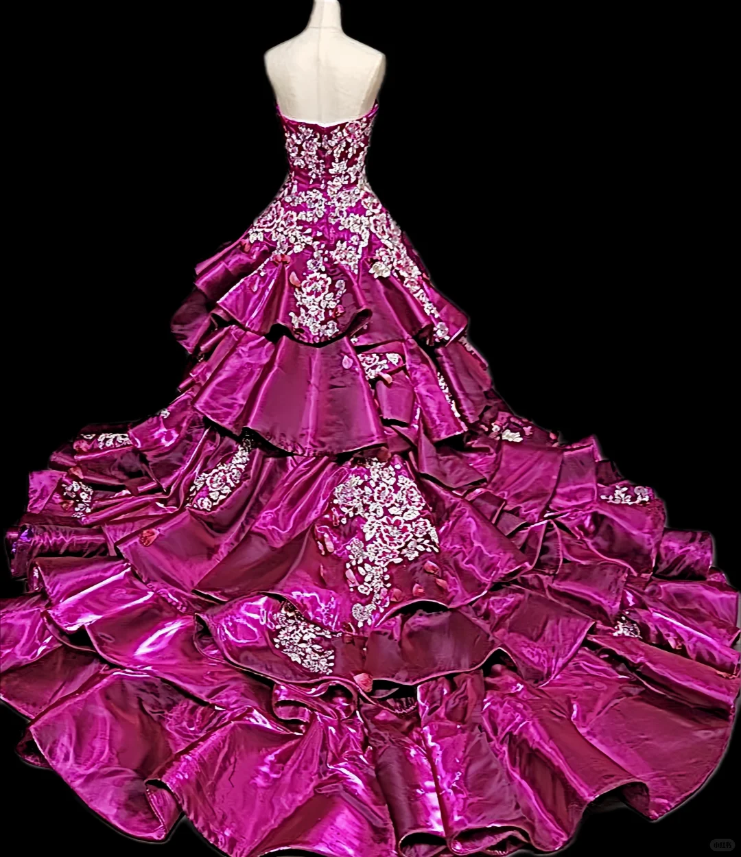 Glamorous Fuchsia Satin Strapless Beaded Embroidered Ruffled Tiered Sweet 15 Quinceanera Ball Gown TP5496