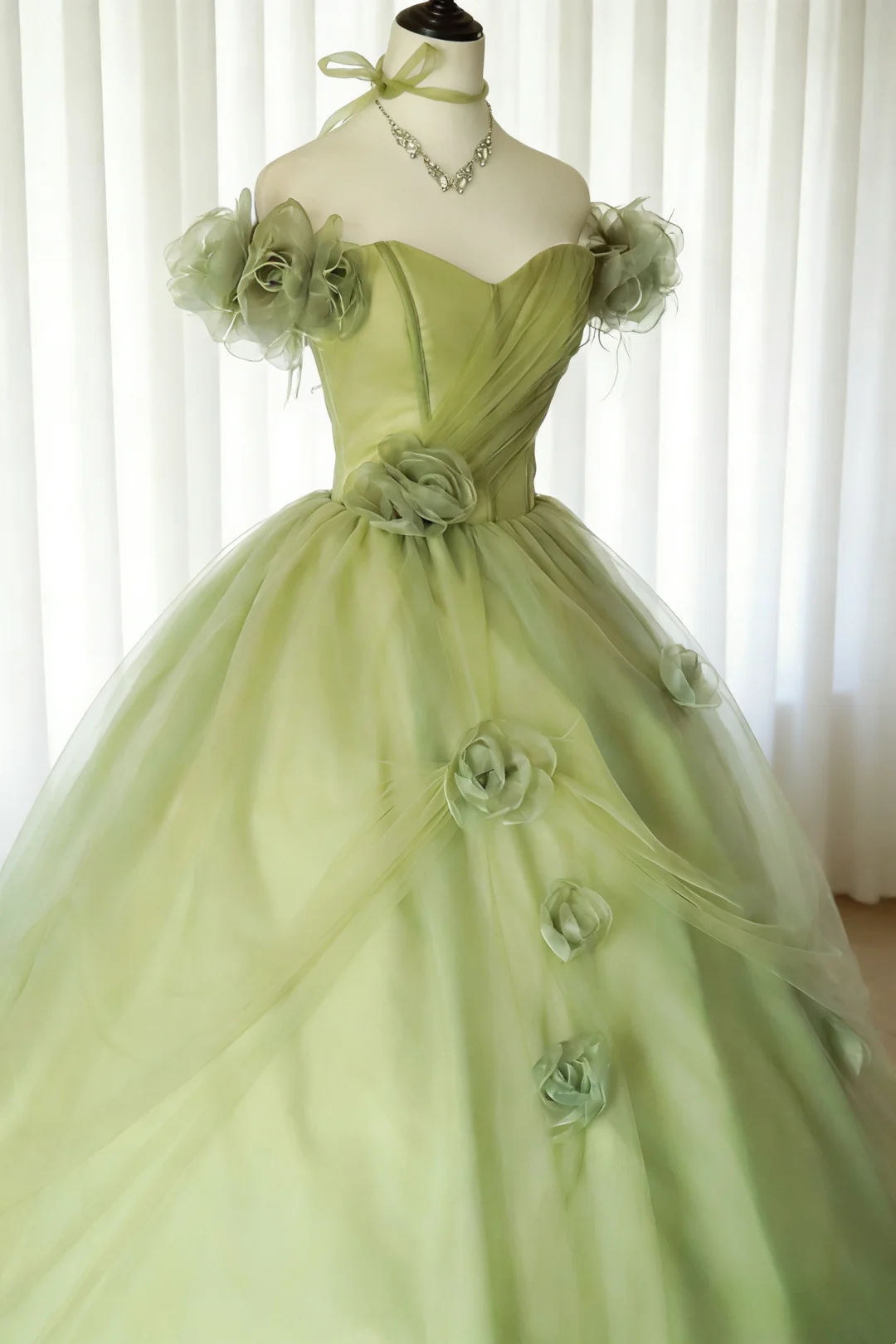 Pretty Quinceanera Dress Off The Shoulder Green Tulle 3D Flowers Ball Gown Sweet 16 Dress SP2031