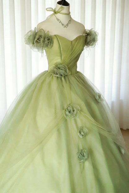 Pretty Quinceanera Dress Off The Shoulder Green Tulle 3D Flowers Ball Gown Sweet 16 Dress SP2031