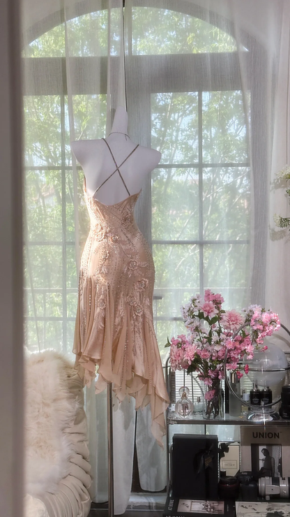 Vintage Champagne Sparkling Beaded Spaghetti Strap Romantic Chiffon Evening Dress Prom Dresses TP3983