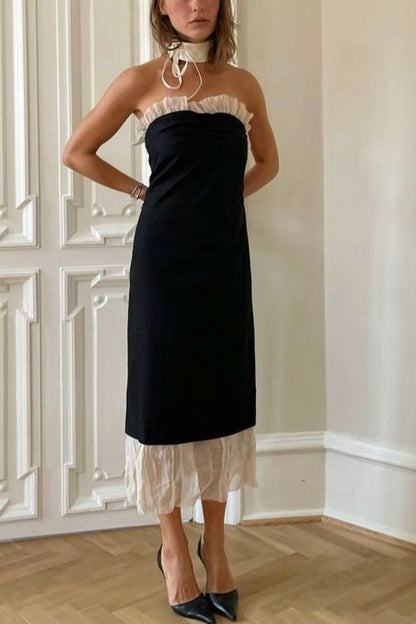 Light Vintage Luxury Elegant Style Halter Strapless Dress | Black-Apricot Contrast Tulle Ruffled Midi Dress for Date Luxury Party Outfit gh6442