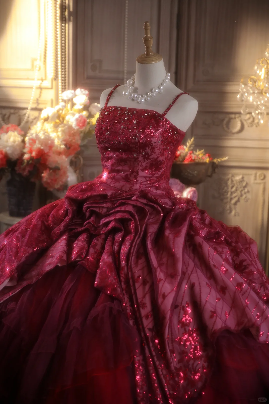 Glamorous Burgundy Sequin Ruffled Tiered Spaghetti Strap Sweet 15 Quinceanera Ball Gown TP5545